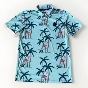 Duvin Polo Shirt Mens Small Green Pink Flamingo Tropical Print Performance Golf